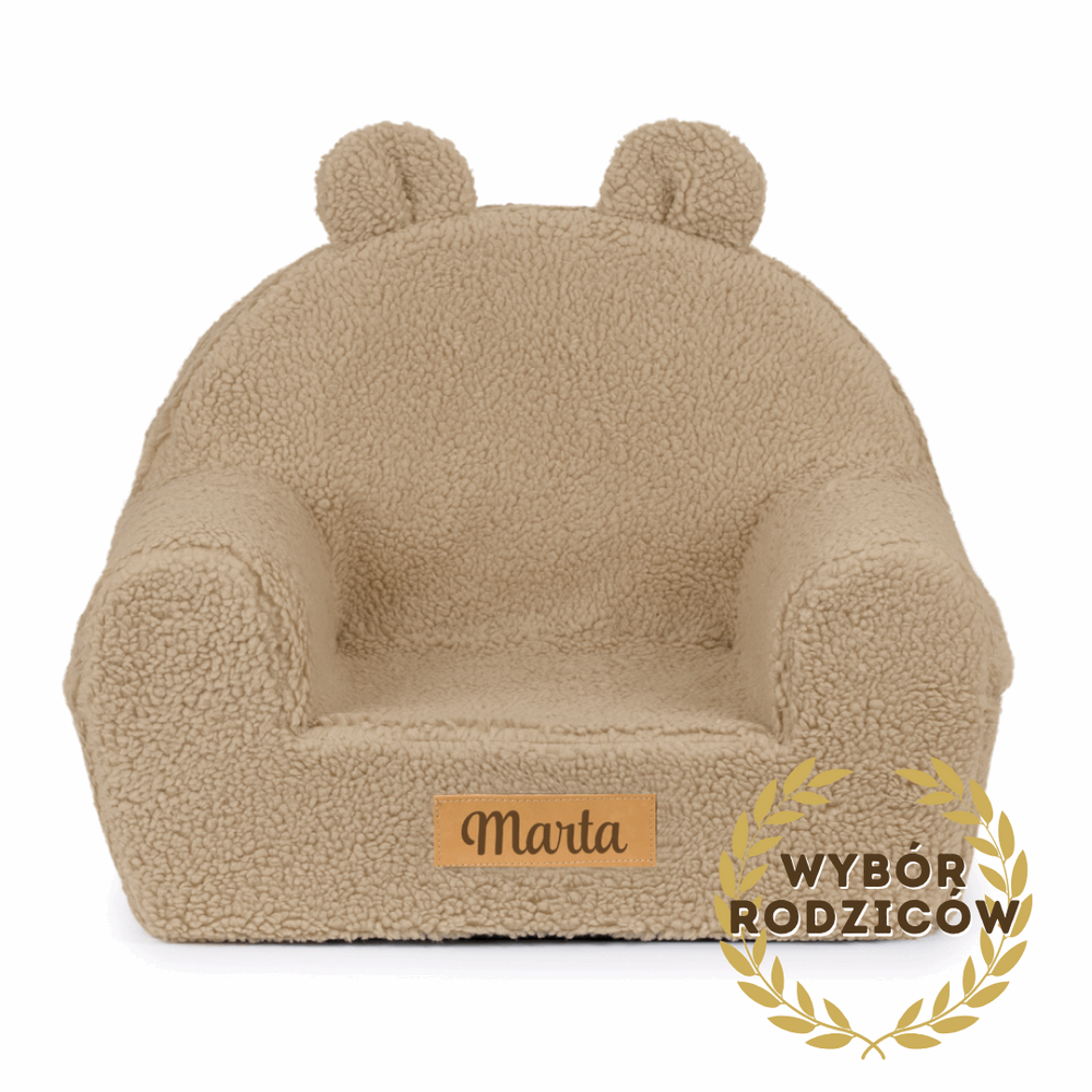 Personalizuotas vaikiškas putplasčio fotelis - tamsiai smėlio spalvos meškiukas - MiniKampas