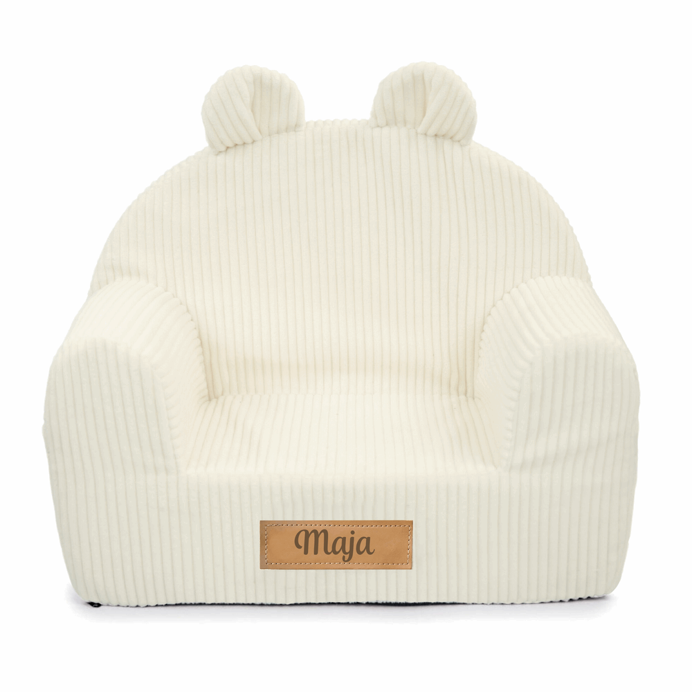 Personalizuotas vaikiškas putplasčio fotelis iš smėlio spalvos audinio, velveto - MiniKampas