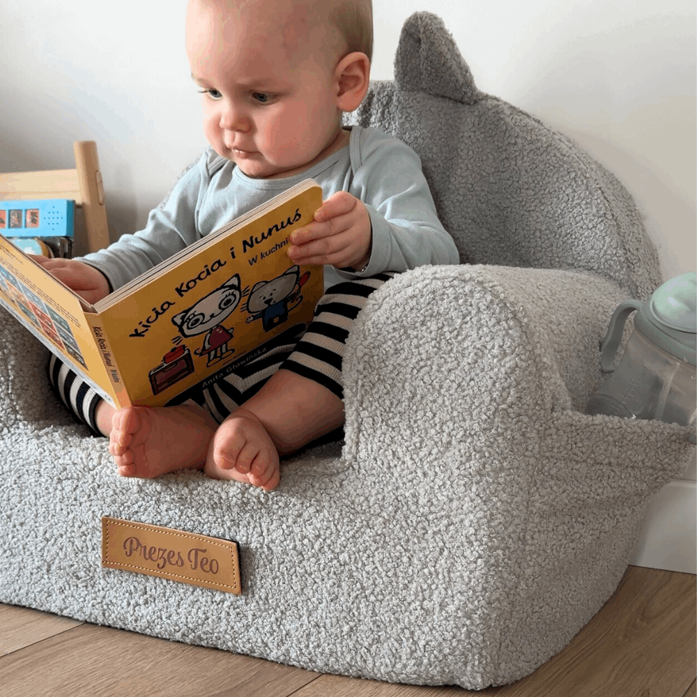 Personalizuotas putplasčio krėslas vaikams pilkas meškiukas - MiniKampas