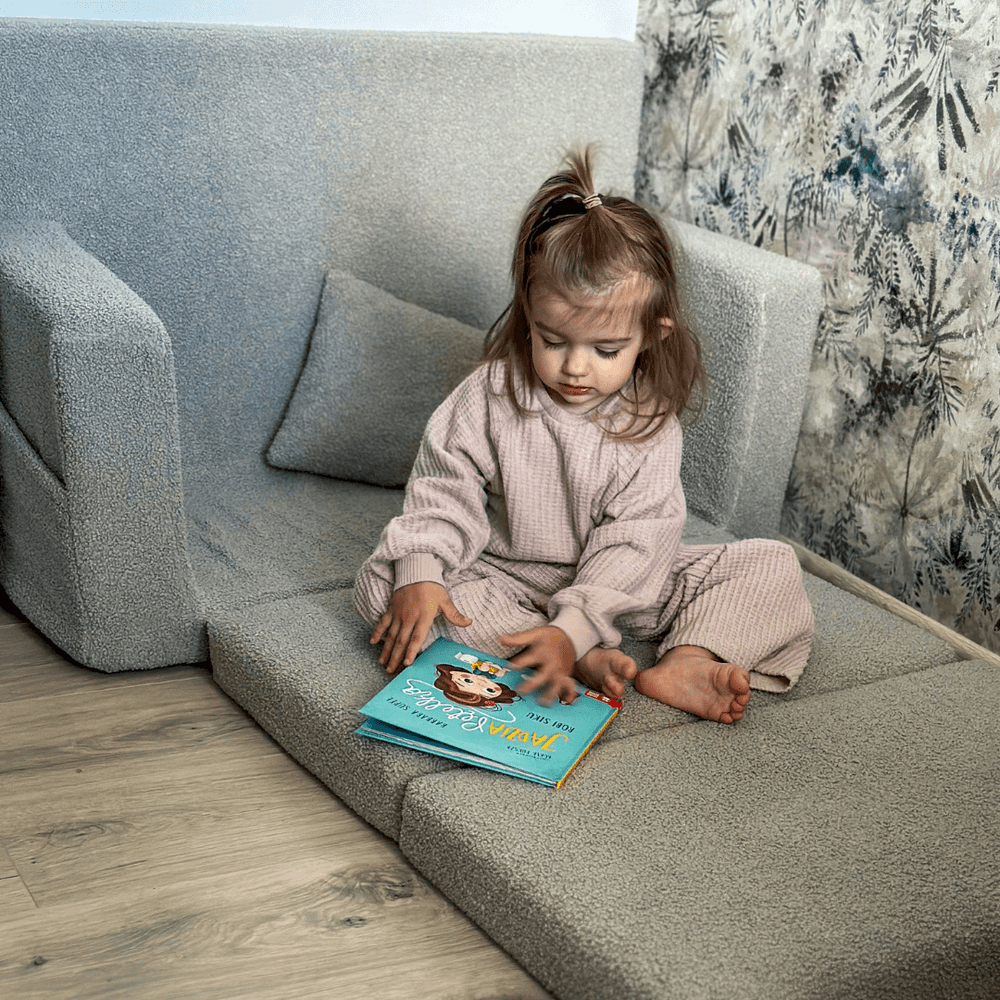 Personalizuota vaikiška sulankstoma sofa-lova meškiukas - pilka - MiniKampas
