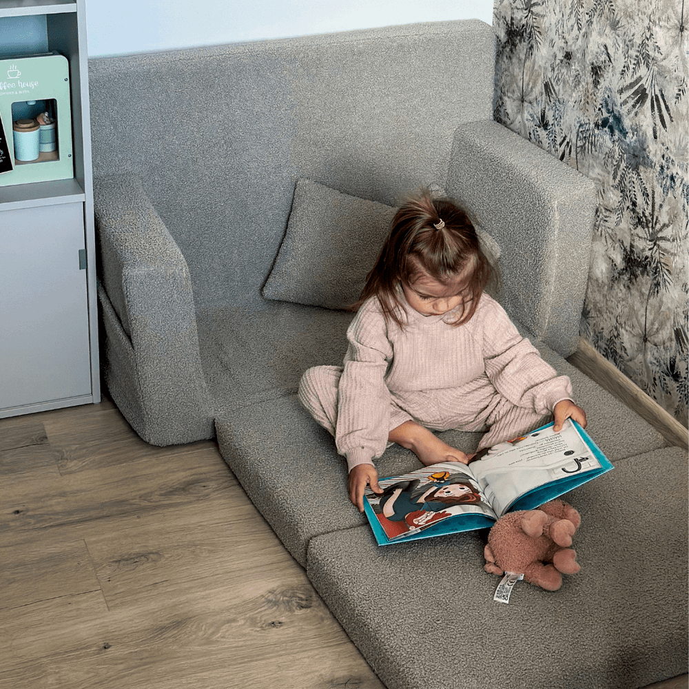 Personalizuota vaikiška sulankstoma sofa-lova meškiukas - pilka - MiniKampas