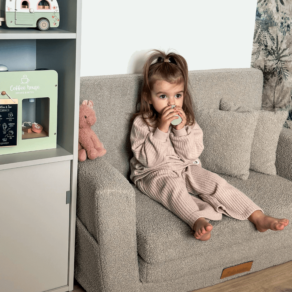 Personalizuota vaikiška sulankstoma sofa-lova meškiukas - pilka - MiniKampas