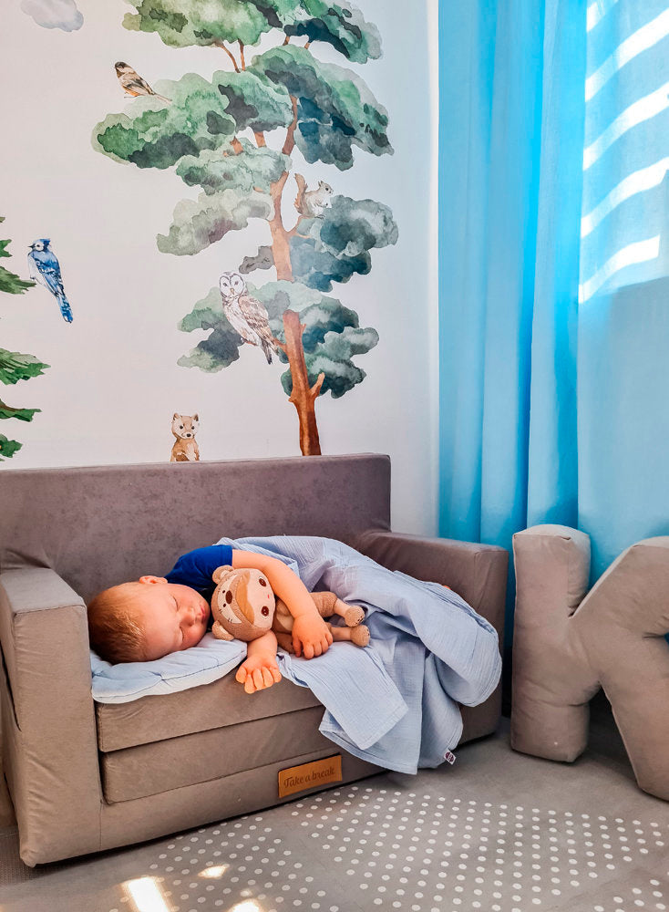 Personalizuota vaikiška sulankstoma sofa šviesiai pilka - MiniKampas