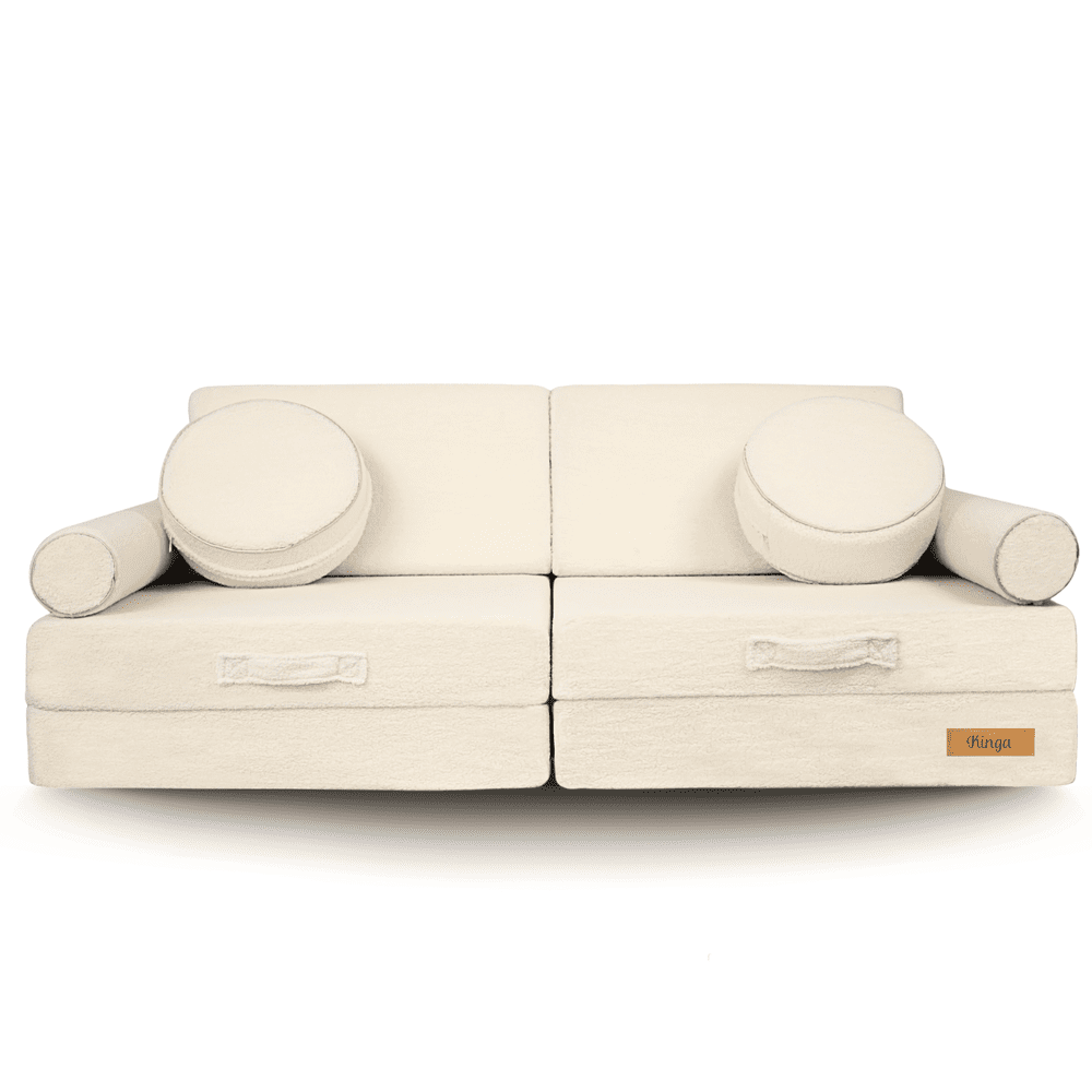 Sulankstoma personalizuota vaikiška putplasčio sofa, velvetas, šviesiai kreminė